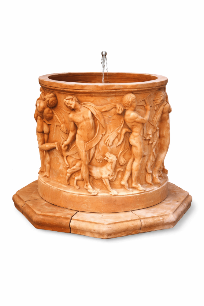 Pozzo – grand bassin d’eau artistique en terre cuite d’Impruneta avec motifs mythologiques